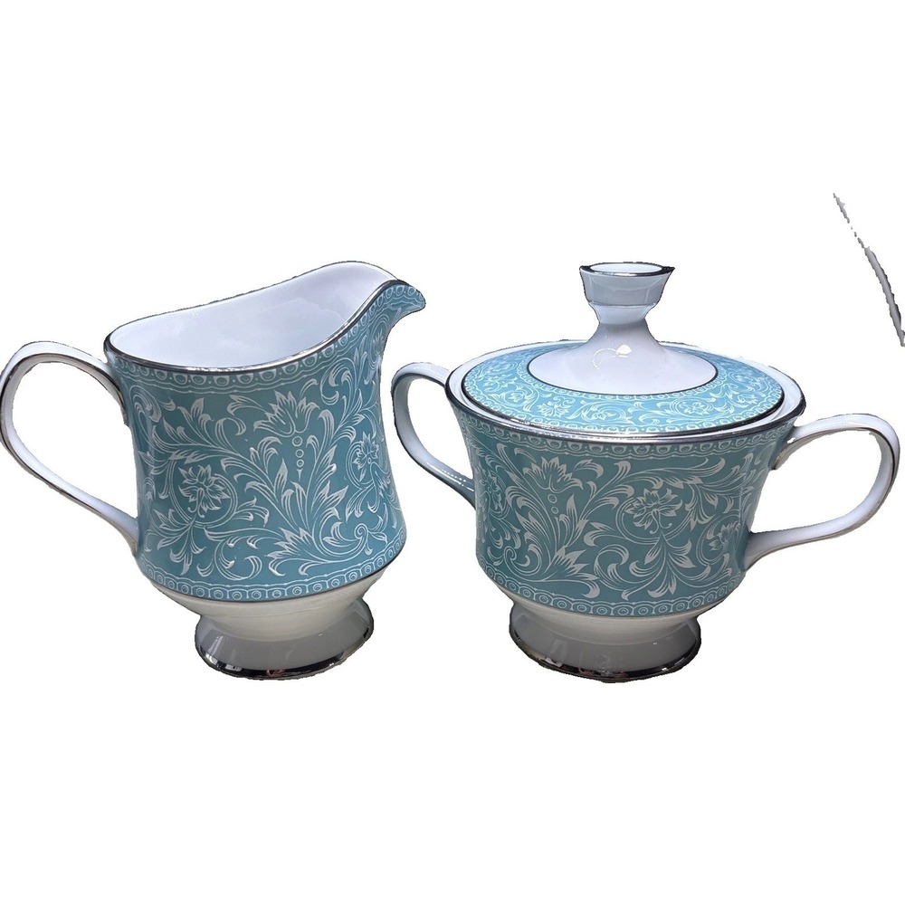 Sango China Japan Cordon Bleu 3651 Creamer, Covered Sugar Bowl Turquoise Vintage